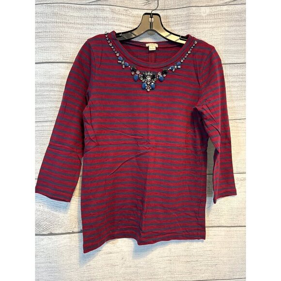 J.Crew Bejeweled Striped Red & Navy 3/4 Sleeve Top Size S - Picture 1 of 3